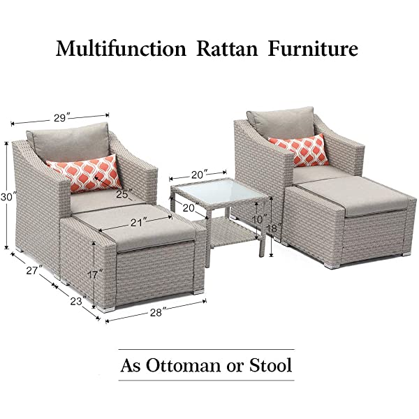 COSIEST 5-Piece Outdoor Furniture Lounge Set Warm Gray Wicker Sectional Sofa w Thick Cushions, Glass-Top Table, 2 Ottomans, 2 Teal Pattern Pillows for Garden, Pool, Backyard