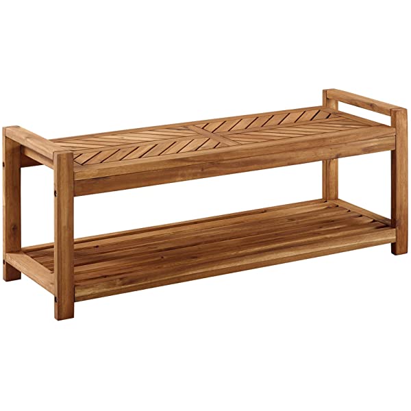 Walker Edison 5 Person Outdoor Wood Chevron Patio Furniture Dining Set Table Chairs Bench All Weather Backyard Conversation Garden Poolside Balcony, 4 Piece, Brown Brown 4 Piece Dining Set