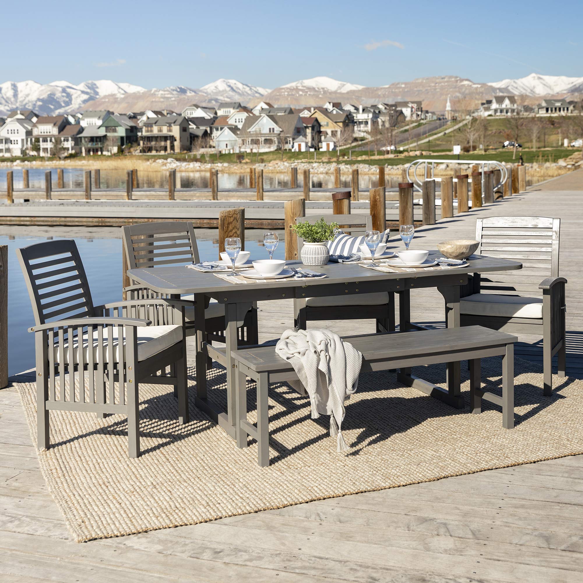 【Furniture】Maui Modern 6 Piece Solid Acacia Wood Slatted Outdoor Dining Set, Set of 6, Grey Wash