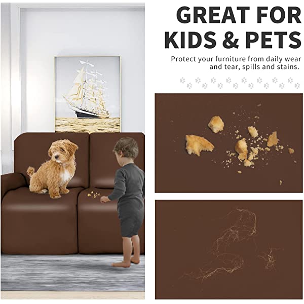 Easy-Going PU Leather Recliner Sofa Slipcovers, Waterproof Stretch Sofa Covers, 8 Pieces Stretch Furniture Protector, Elastic Strap Shield Pets Kids Children Cats Dogs Beige