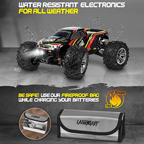 1:10 Scale Large RC Cars 50+ kmh Speed - Boys Remote Control Car 4x4 Off Road Monster Truck Electric - Hobby Grade Waterproof Toys Trucks for Kids and Adults - 2 Batteries + Connector for 40+ Min Play Black - Red 1:10 Scale 31 mph