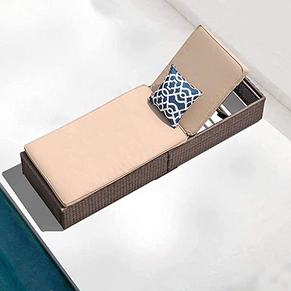 Patiorama Patio Chaise Lounge Chair, Sun Lounger, Outdoor Pool Beach Brown PE Rattan Wicker Reclining Chair W/Adjustable Backrest and Removable Cushion (Beige), Set of 2 2 Brown