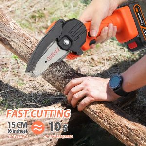 hand-held cordless chain saw, battery-powered chainsaw, for cutting wood, cutting branches