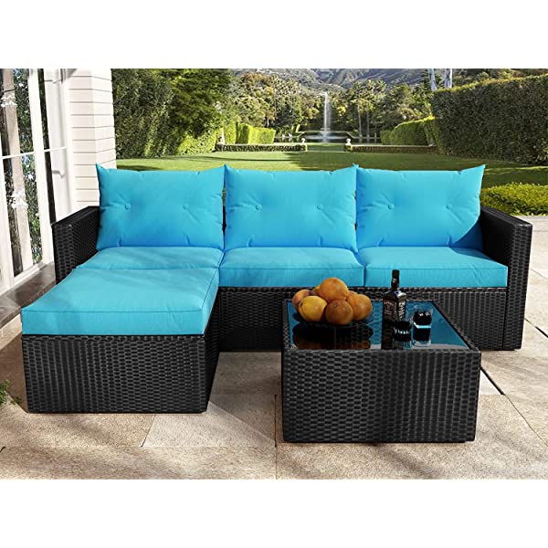 Allewie Dark Grey Patio Conversation Set, 3 Pieces PE Wicker Rattan Outdoor Furniture Set, Lounge Sofa and Loveseat with Cushions, Tempered Glass Coffee Table (Black & Dark Grey) Dark Grey & Black